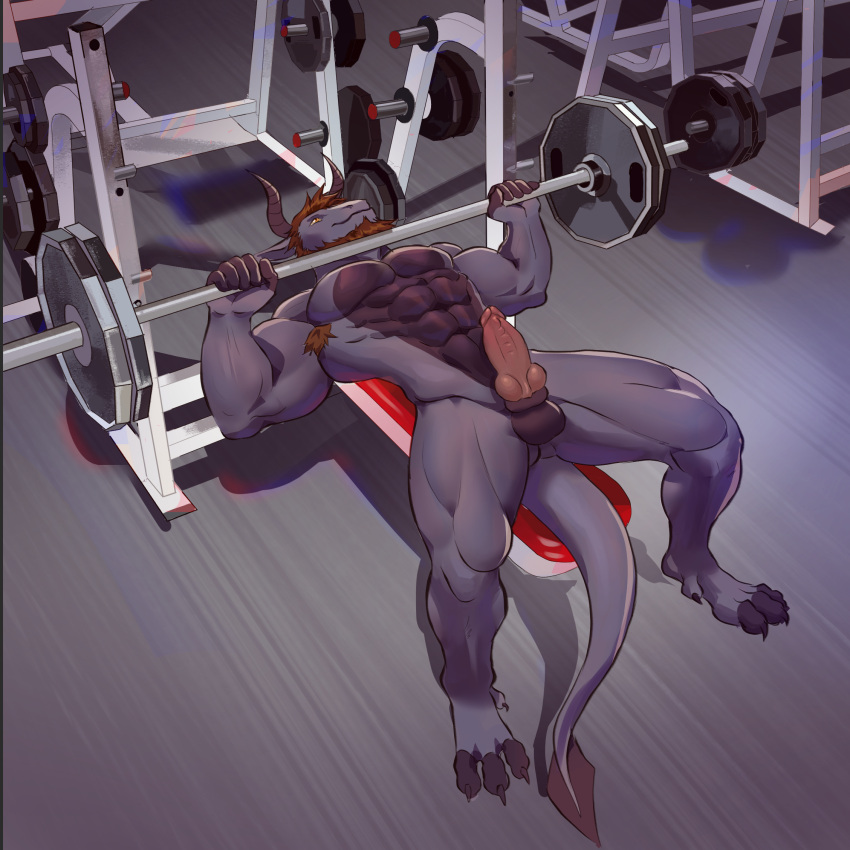 abs anthro athletic athletic_male balls bench_press chimera claws dragon exercise genitals gym hi_res horn humanoid konoton lying male male_only muscular muscular_male mythological_creature mythological_scalie mythology nude on_back penis red_panda_art scalie solo tail tetsudo weightlifting workout