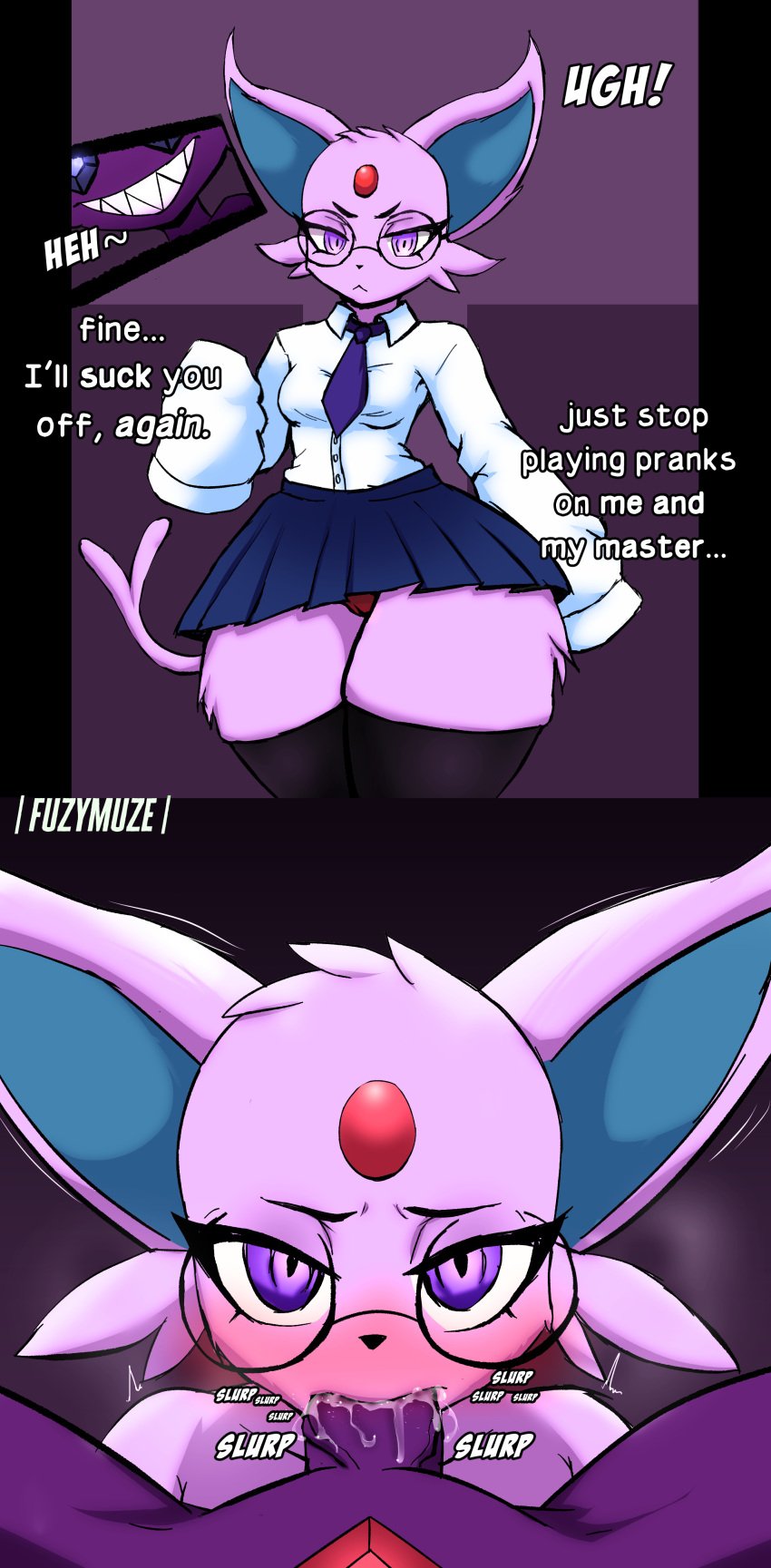 absurd_res anthro blackmail blush bodily_fluids bottomwear breasts camel_toe cheating clothing cucked_by_pokemon cuckold drooling duo eeveelution espeon eyewear fellatio female fuzymuze glasses grin hi_res humanoid infidelity legwear long_sleeves male male/female necktie nerd netorare nintendo ntr oral panties penile pokemon pokemon_(species) pokephilia sableye saliva sex shirt simple_background sketch skirt small_breasts smile thick_thighs thigh_highs topwear underwear