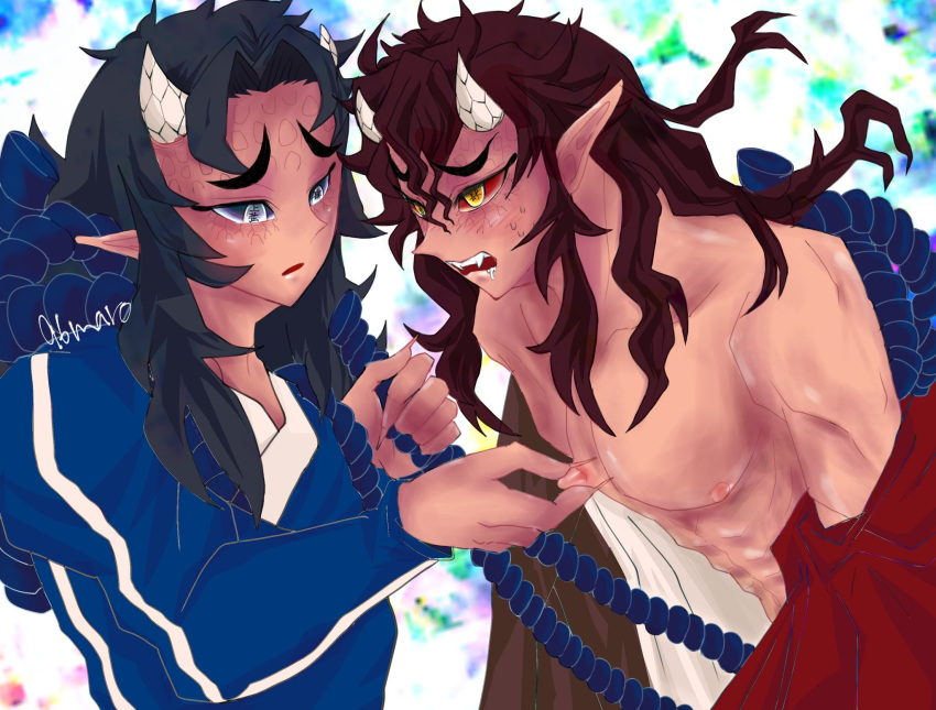 2boys aizetsu blue_eyes blue_sclera demon demon_boy demon_horns demon_humanoid demon_slayer dominant dominant_male domination hantengu horny horny_male japanese japanese_clothes japanese_clothing japanese_male kimetsu_no_yaiba long_bangs long_hair long_hair_male male male_focus male_only male_penetrating muscles muscular muscular_male nipple nipple_pinch nipple_play nipple_tweak nipples pinching_nipple pinching_nipples pointy_ears qmaro_onisun_(artist) red_eyes red_sclera sad_expression sekido sharp_teeth submissive submissive_male tan-skinned_male tan_skin tied_up upper_moon yaoi