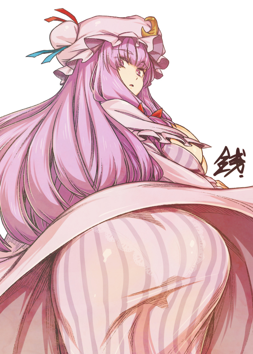 ass ass_focus bent_over blush bow breasts crescent crescent_hat_ornament dress female from_behind hairbow hat hat_ornament highres lace lace_panties large_breasts long_hair looking_at_viewer mob_cap panties patchouli_knowledge purple_eyes purple_hair ribbon see-through sentarou solo touhou underwear white_panties