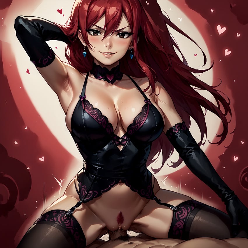 abstract_background ai_generated cleavage dominatrix erza_scarlet fairy_tail hand_behind_own_head large_breasts latex lingerie long_gloves looking_at_viewer love payop pony_diffusion_xl ponytail pouty_lips smile smug stockings vaginal_penetration vaginal_sex