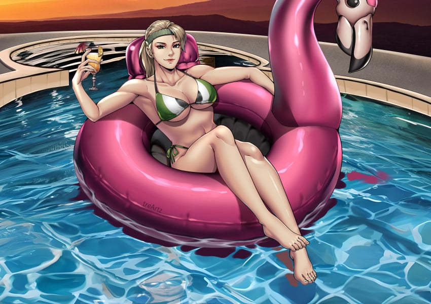 1girls bikini breasts clothed female large_breasts mortal_kombat mortal_kombat_11 pin-up pinup sonya_blade swimsuit thick_thighs thotlerrr treartz