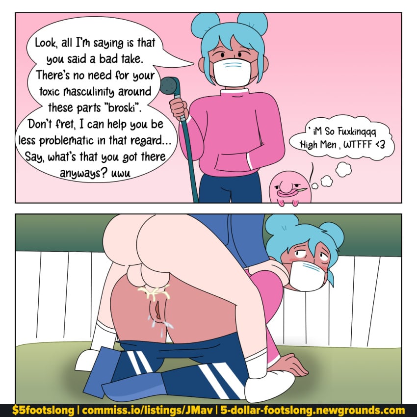 $5footslong 1boy 1girls anal blobby_and_friends blobby_the_blobfish blue_hair cum_in_ass cum_in_pussy dialogue english_text female instant_loss_2koma lily_(blobby_and_friends) male mask rape