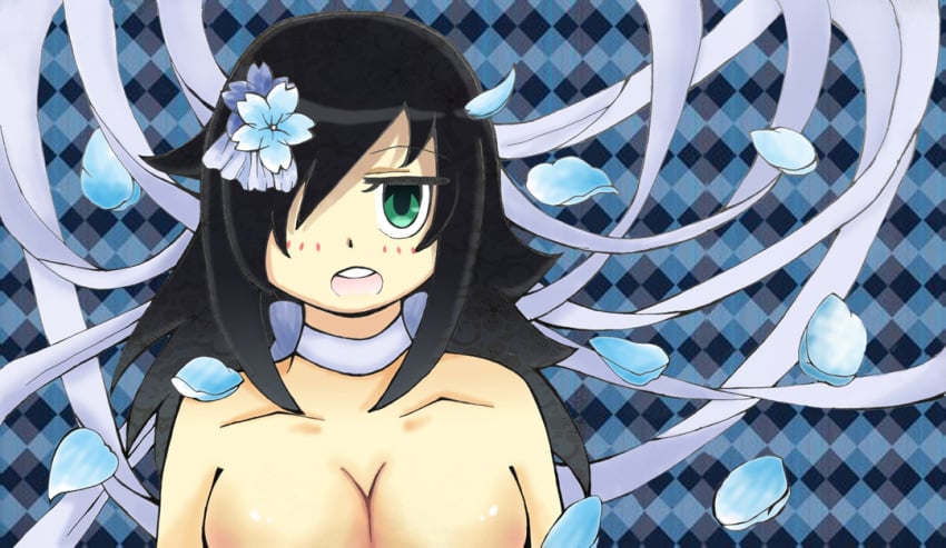 1girls alternate_breast_size black_hair blue_choker blue_flower blue_theme cleavage collarbone female female_only green_eyes hair_flower hair_over_one_eye kuroki_tomoko large_breasts long_hair meowatum messy_hair open_mouth solo topless watashi_ga_motenai_no_wa_dou_kangaetemo_omaera_ga_warui!