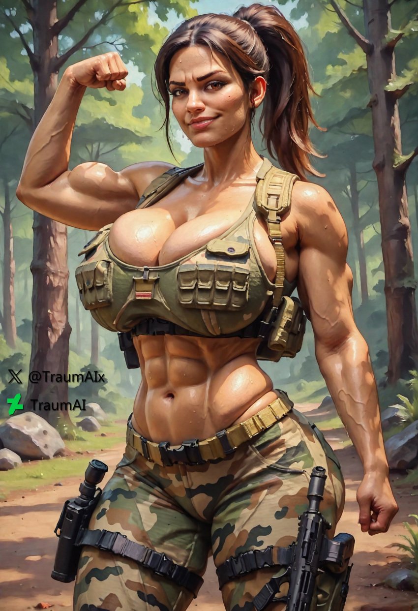 abs ai_generated bicep_curl biceps breast_squish brown_eyes brown_hair gun guns huge_breasts in_the_woods large_ass large_breasts large_thighs military military_uniform muscular_female ponytail red_brown_hair self_upload smug smug_face sweat tactical_gear tanned thick thick_ass thick_thighs tight_clothing traumai veins