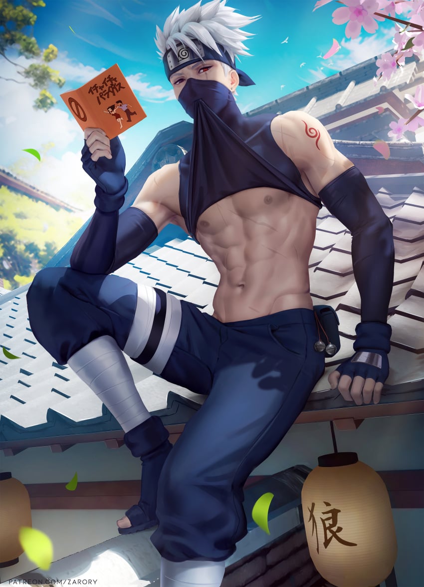 arm_length_gloves bells black_eye black_sandals black_shirt blue_pants body_scars book cherry_blossoms clouds ear_piercing earring eye_scar fingerless_gloves forehead_protector hatake_kakashi holster kakashi_hatake latern male_only naruto red_eye rooftop sakura_blossoms scars scars_on_body sharingan shinobi shirt_in_mouth shirt_lift sky tattoo white_hair wrappings zarory