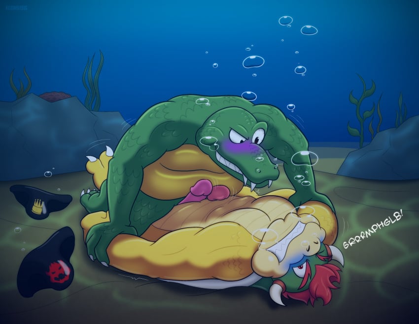 blush bowser bubble clenched_teeth clothing crocodilian donkey_kong_(series) drowning duo gay genitals green_body green_scales hair hi_res k_rool koopa kremling male male/male mario_(series) nintendo nude penis red_hair reptile ricowolfdog scales scalie speedo swimwear teeth underwater water wrestling