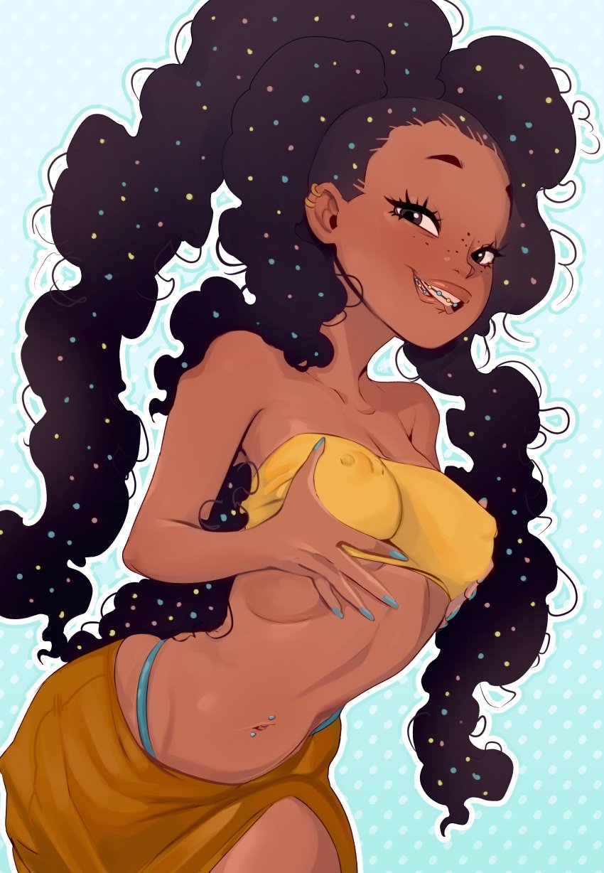 1girls aged_up belly_piercing big_breasts biting_own_lip black_hair braces breasts_out cartoon_network casual closed_eyes clothing dark-skinned_female dark_skin erect_nipples_under_clothes female foster's_home_for_imaginary_friends freckles_on_breasts goo_goo_gaga human long_hair mahmapuu naked naked_overalls nipple_piercing nipples nipples_visible_through_clothing no_bra overall_shorts overalls solo text tri_tails