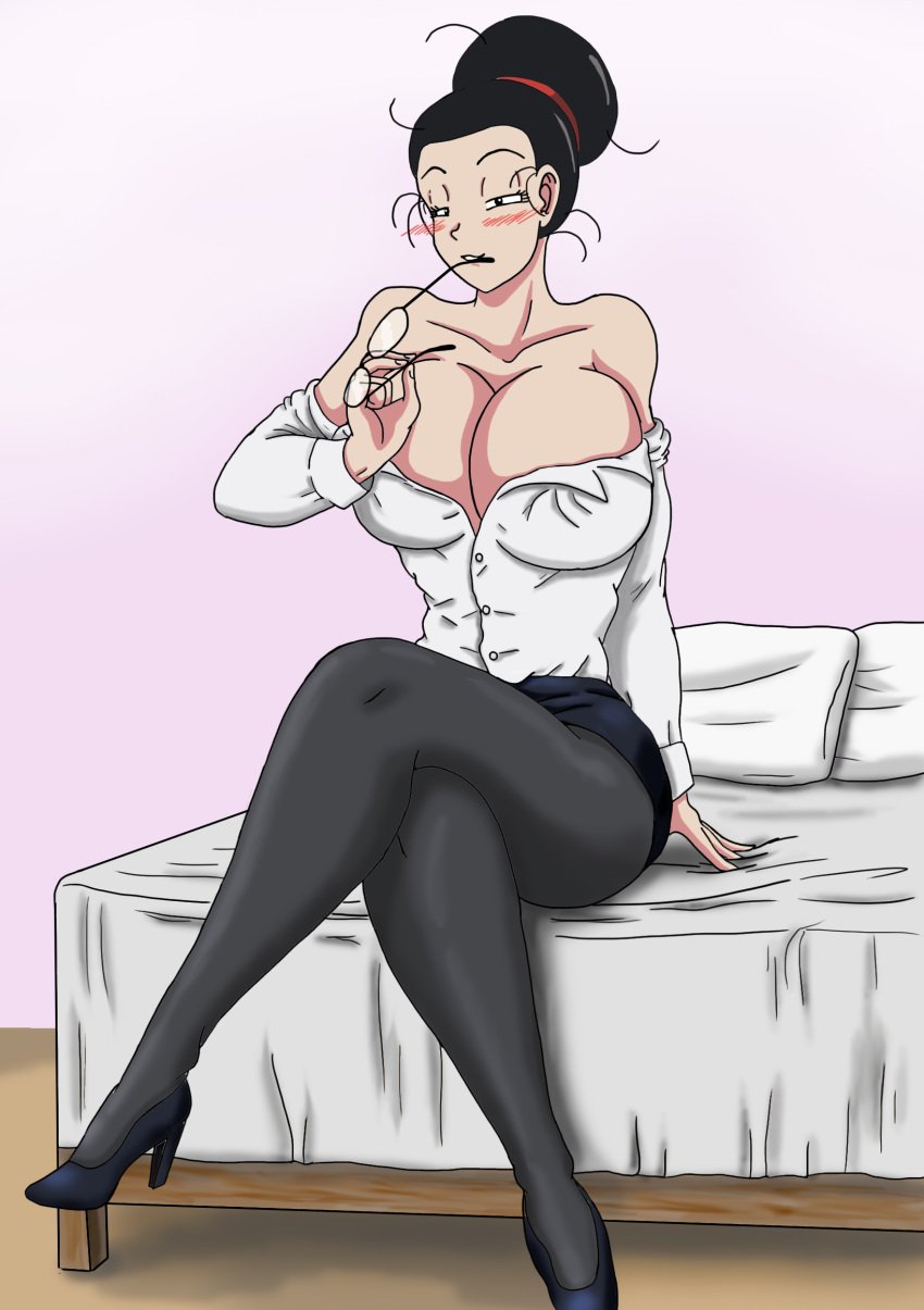 1girls big_breasts biting_glasses black_hair black_hair_female breasts chichi cleavage clothed_female color dragon_ball_z glasses milf thewritefiction undressing