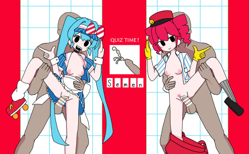 accurate_art_style black_eyes blue_eyes blue_hair blue_pubic_hair blushing breasts_out breasts_out_of_clothes cock_in_pussy grid_background hatsune_miku holding_leg_up holding_waist hypnotized hypnotized_sex kasane_teto knee leg_warmers line_censoring looking_at_viewer mesmerizer_(vocaloid) mesmerizer_miku mesmerizer_teto mv_character official_style pants_around_one_leg pants_down penis_drawing penis_in_pussy pinstripe_dress posing pubes pubic_hair red_eyes red_hair red_pubic_hair roller_skates sharp_teeth shirt_open simple_background simple_coloring simple_shading striped_shirt tongue_out trimmed_pubic_hair twindrills twintails vocaloid yellow_gloves