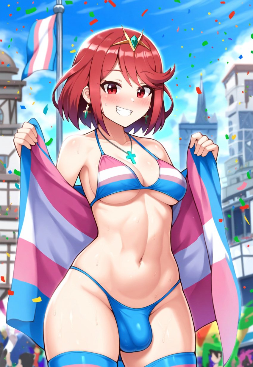 1futa ai_generated bikini blush bulge chest_jewel city confetti core_crystal_(xenoblade) curvy festival flag futanari grin hair_ornament holding_flag lgbt_pride looking_at_viewer medium_breasts multicolored_legwear multicolored_thigh_highs necklace nsfw outdoors penis_in_bikini penis_in_swimsuit pride_color_clothing pyra pyra_(xenoblade) red_eyes red_hair robofun rule_63 short_hair smile solo thighhighs transgender_pride_colors xenoblade_chronicles_2