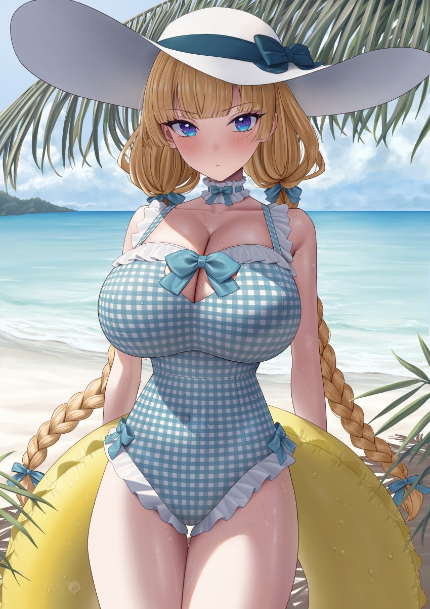 absurdres bare_shoulders blonde_hair blue_eyes blush breasts cleavage female highres huge_breasts lina_(michihasu) long_hair looking_at_viewer michihasu original solo swimsuit thighs