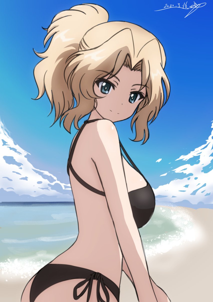 alternate_costume alternate_hairstyle ass beach bikini black_bikini blonde_hair blue_eyes blue_sky breasts bukkuri cloud commentary_request cowboy_shot dated day female from_side girls_und_panzer hair_intakes highres kay_(girls_und_panzer) large_breasts looking_at_viewer ocean outdoors ponytail shore side-tie_bikini_bottom sideboob sky smile solo strap_gap swimsuit water