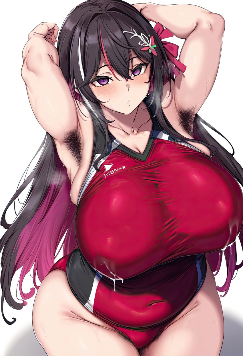 1girls ai_generated azki_(hololive) big_breasts breasts chubby chubby_female deepjungle female female_focus hairy_armpits hololive hololive_japan huge_breasts lactating lactation lactation_through_clothes large_breasts looking_at_viewer plump purple_eyes purple_hair thick_thighs thighs virtual_youtuber