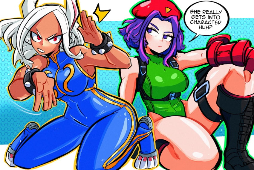 2girls animal_ears arm_guards arm_on_knee bare_shoulders beret black_footwear blue_unitard boku_no_hero_academia boots border bracelet breasts cammy_white_(cosplay) chun-li_(cosplay) commentary cosplay crossover_cosplay dark-skinned_female dark_skin english_text female female_only fingerless_gloves gloves green_leotard hands_up hat highleg highleg_leotard highres jewelry kneeling lady_nagant leotard long_hair looking_at_another miruko multicolored_hair multiple_girls my_hero_academia open_mouth parted_bangs purple_eyes purple_hair rabbit_ears red_eyes red_headwear sitting sleeveless sonchapo speech_bubble spiked_bracelet spikes streaked_hair street_fighter text unitard white_border white_hair