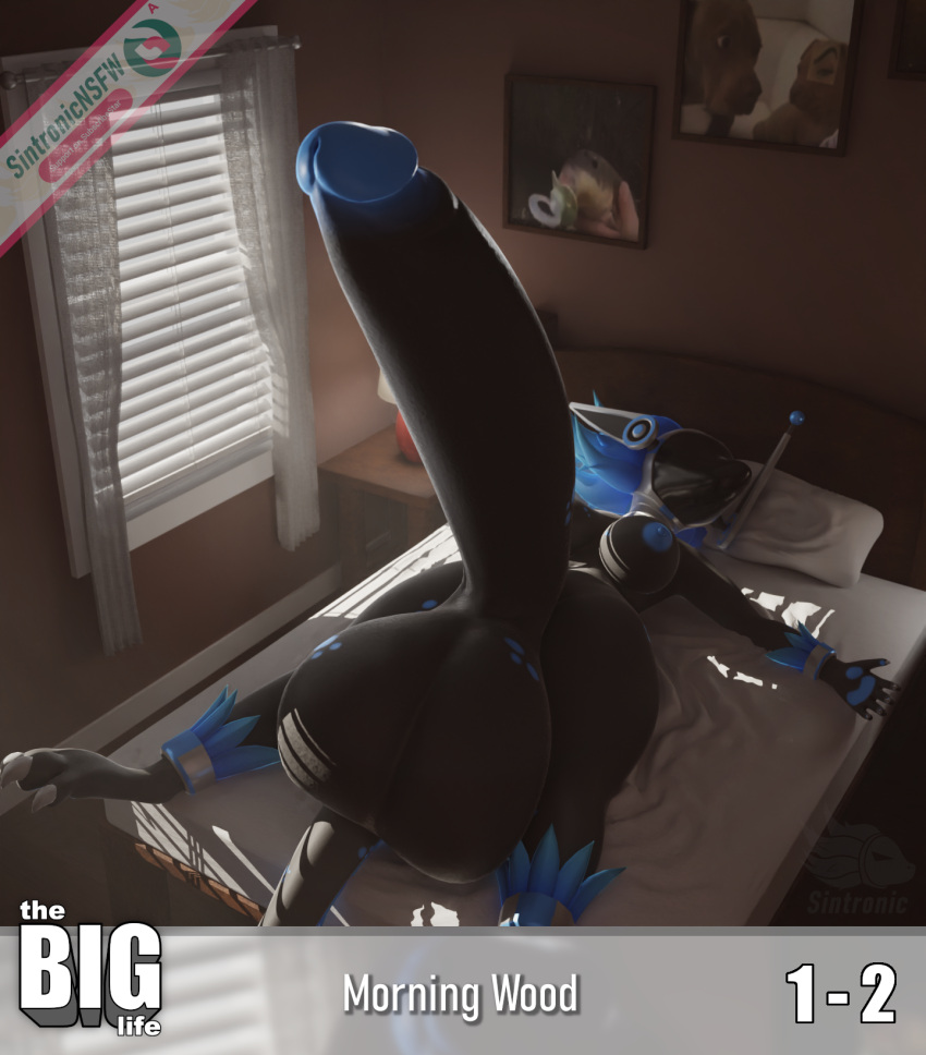 3d_(artwork) anthro balls bed bedroom big_balls big_penis blue_hair breasts byte_(sintronic) digital_media_(artwork) erection furniture genitals gynomorph hair hi_res huge_balls huge_cock hyper hyper_balls hyper_genitalia hyper_penis inside intersex lying morning penis screen screen_face sintronic solo syntia