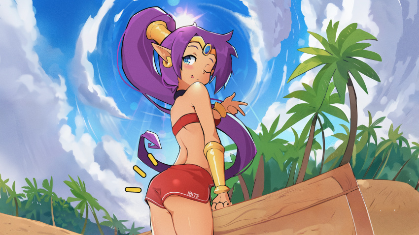 1girls :p ass_focus background bike_shorts blue_eyes blush bracelet chocpocalypse earrings female female_only long_hair non-nude outdoors palm_tree peace_sign pointy_ears ponytail purple_hair shantae shantae_(character) solo sunlight tagme tiara tongue tongue_out tubetop wink