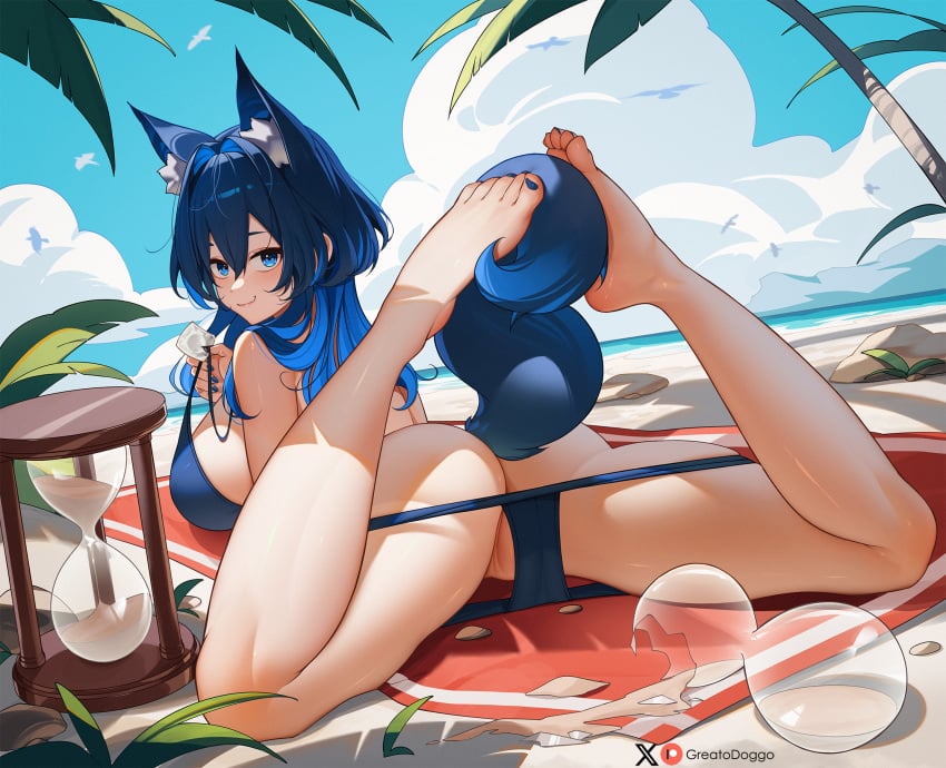 1girls animal_ears ass barefoot beach bikini blue_hair feet female female_only greatodoggo hololive hololive_english hololive_english_-council- hololive_english_-promise- kemonomimi large_ass light-skinned_female light_skin long_hair ouro_kronii outdoors soles tail virtual_youtuber