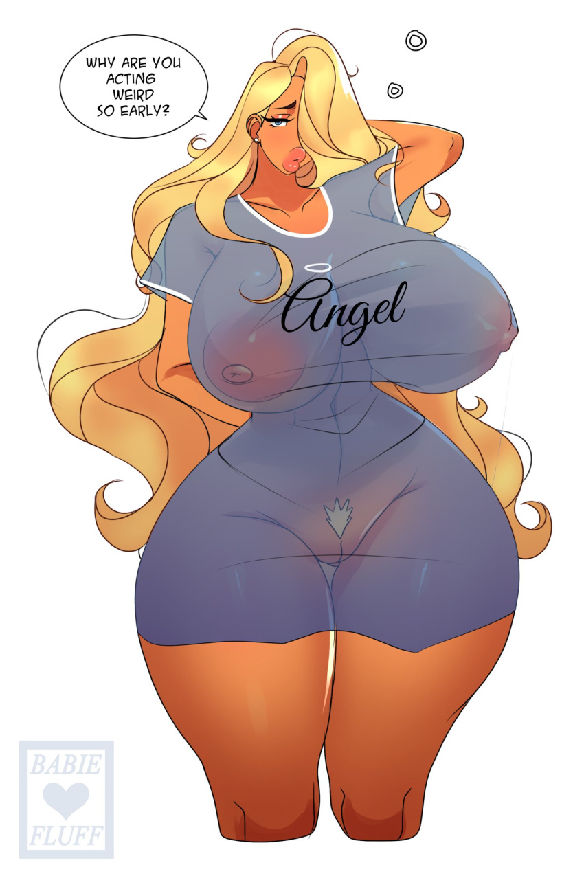 1female 1girls babie_fluff blonde_female blonde_hair blonde_hair_female blonde_pubic_hair clothed clothes clothing daphne_(babie_fluff) female human human_female human_only original_character see-through_clothing see-through_shirt shirt sole_female speech_bubble text text_bubble visible_breasts visible_pussy watermark yellow_hair yellow_hair_female yellow_pubic_hair