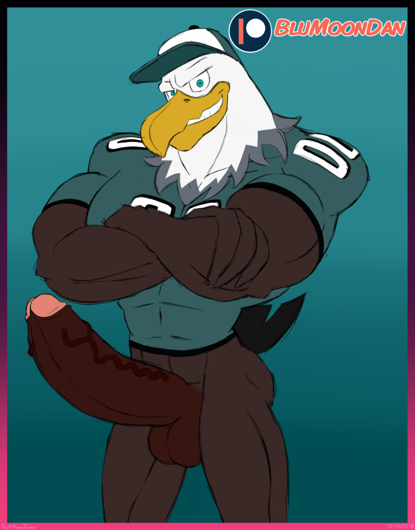 accipitrid accipitriform american_football anthro avian balls beak bird blu3danny bottomless brown_balls brown_body brown_feathers brown_penis clothed clothing crossed_arms eagle erection feathers genitals green_background green_eyes grey_body grey_feathers hat headgear headwear hi_res humanoid_genitalia humanoid_penis jersey looking_at_viewer male nfl number_on_jersey penis philadelphia_eagles portrait simple_background smile smirk solo sport swoop_(philadelphia_eagles) tail tail_feathers teeth three-quarter_portrait toothed_beak white_body white_feathers yellow_beak