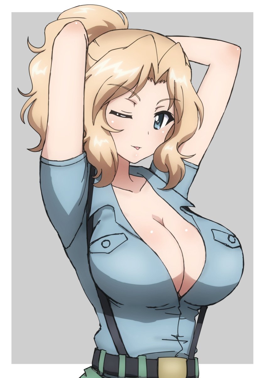 1girls :p absurdres alternate_costume alternate_hairstyle aoshidan_school_uniform armpits arms_behind_head arms_up big_breasts blonde_hair blue_eyes blue_shirt breasts bukkuri busty cleavage closed_mouth collared_shirt female girls_und_panzer green_skirt grey_background hair_intakes hair_up highres kay_(girls_und_panzer) large_breasts looking_at_viewer medium_hair one_eye_closed outside_border partially_unbuttoned ponytail pose posing school_uniform seductive seductive_smile sensual shirt short_sleeves skirt smile solo suspender_skirt suspenders tongue tongue_out upper_body