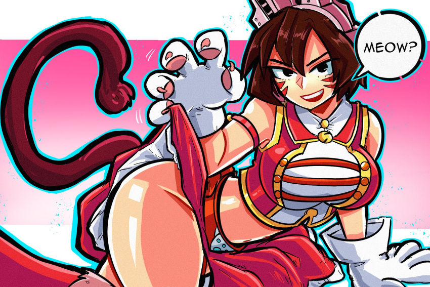 animal_ears animal_hands bell boku_no_hero_academia boots breasts brown_eyes cat_tail claws clothes_lift commentary crop_top facial_mark fake_animal_ears female gloves hair_between_eyes headgear highres jingle_bell large_breasts lying mandalay midriff my_hero_academia navel on_side open_mouth paw_gloves red_footwear red_skirt shino_sousaki skirt skirt_lift sleeveless smile solo sonchapo speech_bubble stomach tail teeth thighs upper_teeth_only whisker_markings wild_wild_pussycats