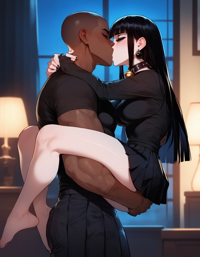 1girls ai_generated artstyle_imitation ass bangs bell_collar bella_(xandr) black_earrings black_hair black_makeup black_skin black_sweater blunt_bangs breasts carrying carrying_partner choker dark-skinned_male dominant_male ear_piercing earrings emotionless eyelashes eyeshadow french_kiss french_kissing goth goth_girl gothic gothic_lolita grabbing_legs grey_eyes hands_around_neck holding_leg imminent_sex interracial kissing light-skinned_female long_sleeves makeup medium_breasts muscular muscular_male night night_sky outdoors pale-skinned_female pleated_skirt seductive seductive_look side_view straight_hair submissive submissive_female sweater thiccwithaq_(ai_style) thick_ass thick_legs thick_lips thick_thighs thighs thin_female thin_waist voluptuous voluptuous_female white_skin wide_sleeves xandr young younger_female