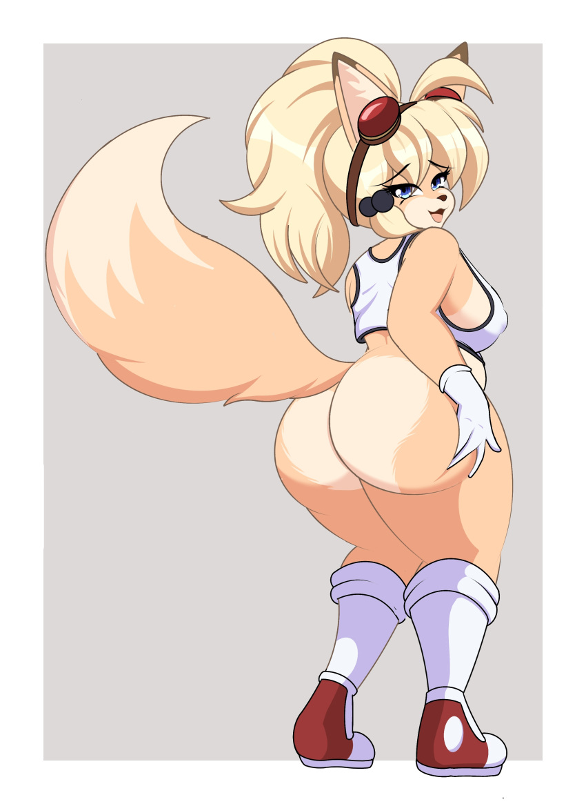 absurd_res anthro ass bangs big_breasts big_butt blonde_hair bottomless breasts canid canine clothed clothing dipstick_ears dipstick_tail ear_markings eyewear eyewear_on_head facial_markings female footwear fox fur gloves goggles goggles_on_head hair hand_on_butt handwear head_markings hi_res inviting kotone_(zelripheth) looking_at_viewer mammal markings multicolored_ears orange_body orange_fur ponytail presenting raised_tail rear_view shirt shoes slightly_chubby slightly_chubby_female socks solo tail tail_markings tank_top topwear yellow_body yellow_fur zelripheth