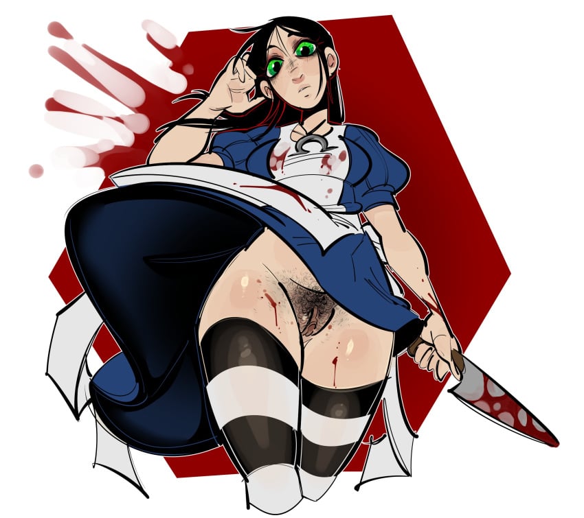 1girl 1girls alice_(madness_returns) alice_in_wonderland alice_liddell alice_madness_returns big_thighs bileshroom blood_on_face blood_splatter blood_stain bloody bottom_heavy bottomless bottomless_dress bottomless_female bottomless_skirt bush bushy_pubes clothed crazy_girl dress dress_lift dress_up eye_contact fairy_tales fanart female female_focus female_only female_pubic_hair hairy_pussy knife lifted_skirt lifting_skirt literature looking_at_viewer no_panties no_underwear pantyshot pantyshot_(standing) pinup pinup_pose presenting presenting_hindquarters presenting_pussy public_domain pussy_lips pussy_out pussy_peek revealing_clothes revealing_outfit revealing_pussy skirt_lift solo solo_female solo_focus stockings stockings_thigh_highs thick_legs thick_thighs thigh_highs thighhighs toony upskirt