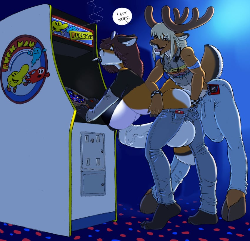 1boy 1futa anthro anthro_on_anthro arcade arcade_machine ass backsack balls bent_over bracelet breasts bulge canine cervine cigarette clothed clothing cox crotchless curvy deer dickgirl distracted edit erection fingering flaccid fox furry futanari futanari_penetrated futasub gideon huge_breasts humanoid_penis hyper hyper_balls hyper_penis intersex jewelry large_ass male male_on_futa male_penetrating maledom mammal pac-man_(series) penis penis_bulge penis_out penis_under_clothes public ruger video_games