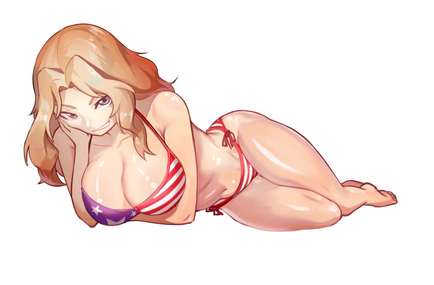 american_flag american_flag_bikini american_flag_print bare_shoulders barefoot bikini blonde_hair blue_eyes breasts cleavage closed_mouth collarbone female flag_print full_body ghgnvm girls_und_panzer highres kay_(girls_und_panzer) large_breasts legs long_hair looking_at_viewer lying navel on_side print_bikini red_bikini shiny_skin simple_background smile solo striped_bikini striped_clothes swimsuit thighs white_background