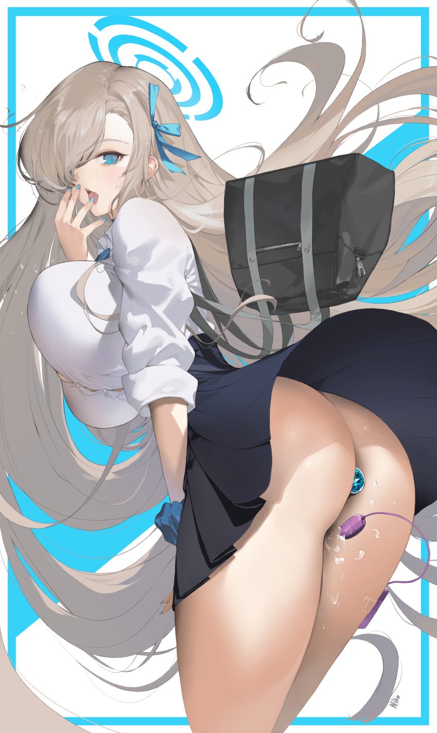 absurdly_long_hair absurdres anal anal_object_insertion ass asuna_(blue_archive) bare_legs black_skirt blue_archive blue_eyes blue_halo blue_nails blush bouncing_breasts breasts brown_hair butt_plug button_gap commentary covering_own_mouth cowboy_shot female female_pervert floating_hair from_behind from_side hair_over_one_eye hair_ribbon halo highres huge_breasts jewel_butt_plug leaning_forward long_hair looking_at_viewer miniskirt nike_(nike1060) no_panties object_insertion open_mouth pervert psd_available pussy_juice ribbon school_uniform scrunchie sex_toy skirt solo standing very_long_hair vibrator wrist_scrunchie