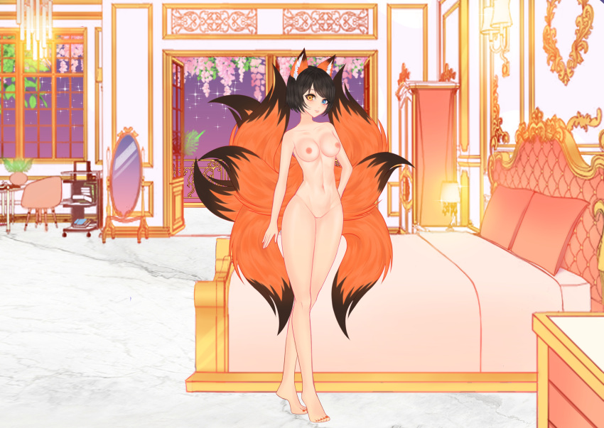 athletic_female black_hair chiyo_takeda fox_ears heterochromia kitsunemimi medium_breasts nude_female original_character solo_female