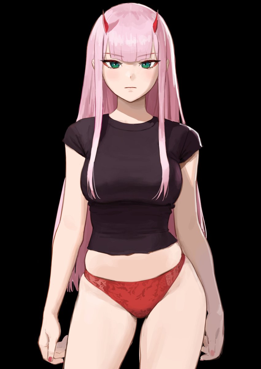 1girls absurd_res absurdres bare_arms bare_belly bare_hands bare_legs bare_navel bare_skin bare_thighs black_background black_shirt blunt_bangs breasts carlo_montie darling_in_the_franxx dot_nose elbows eyebrows_visible_through_hair female female_focus female_only fingernails fingers green_eyes green_eyes_female groin half_naked high_resolution highres horn horns hourglass_figure lace_panties lace_underwear laced_panties laced_underwear legs light-skinned_female light_skin lips long_hair looking_at_viewer medium_breasts nail nail_polish naked naked_female neutral_expression nude nude_female panties pink_eyebrows pink_hair pink_hair_female pussy red_fingernails red_horn red_horns red_nail red_nail_polish red_panties red_underwear shoulders shrit simple_background slender_body slender_waist slim_girl slim_waist solo standing thick_thighs thighs thin_waist underwear upper_body v-line wide_hips zero_two_(darling_in_the_franxx)