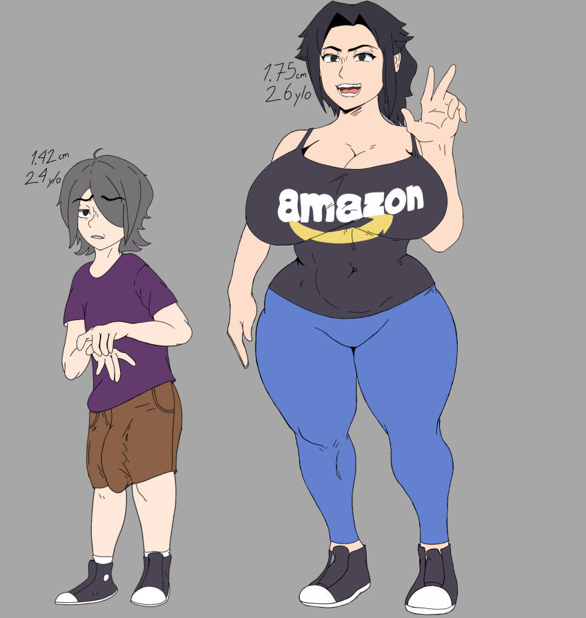 amazon_(company) big_breasts big_cock big_thighs black_eyes black_hair bulge bulge_through_clothing curvy curvy_figure dotcomjk2_(artist) full_body gray_hair height_difference looking_at_viewer measurements no_nude no_sex shorts simple_background simple_coloring smaller_male stressed taller_female tank_top