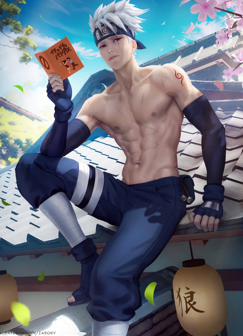 arm_length_gloves bells black_eye black_sandals blue_pants body body_scars book cherry_blossoms clouds ear_piercing earring eye_scar fingerless_gloves forehead_protector hatake_kakashi holster kakashi_hatake latern male_only naruto red_eye rooftop sakura_blossoms scars scars_on_ sharingan shinobi shirtless sky tattoo white_hair wrappings zarory