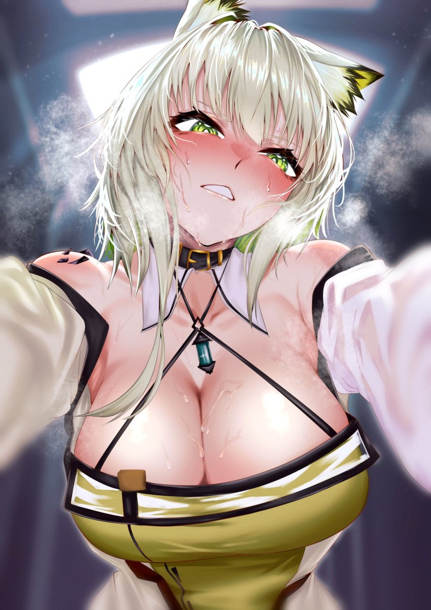 1girls animal_ears arknights blush blush_lines blushing_at_viewer cat_ears catgirl cleavage cleavage_cutout cleavage_overflow detached_sleeves female female_focus female_only green_eyes huge_breasts iindoagorira kal'tsit_(arknights) light-skinned_female light_green_hair light_skin looking_at_viewer looking_from_above oripathy_lesion_(arknights) short_hair steam steaming_body steamy steamy_breath sweat sweatdrop sweating sweaty tagme viewed_from_below