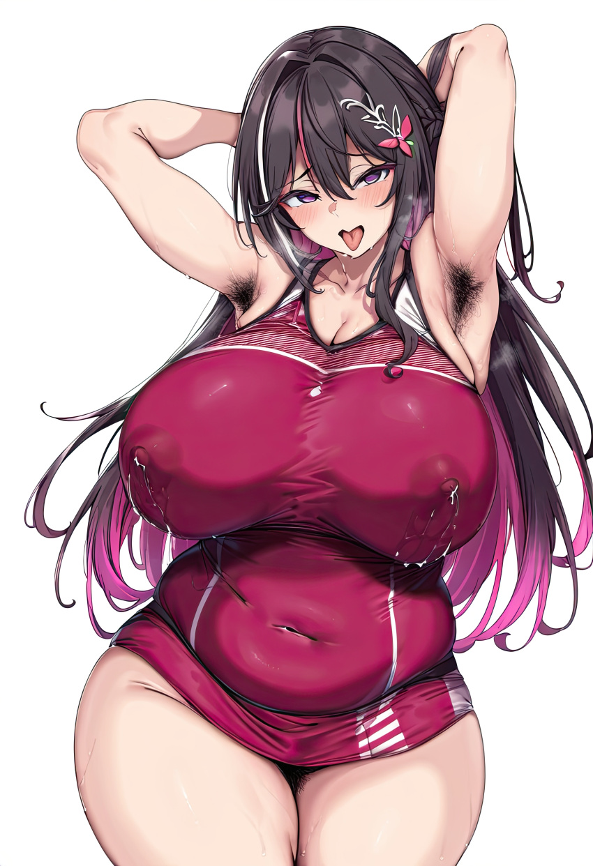 1girl ai_generated azki_(hololive) big_breasts breasts chubby chubby_female deepjungle female female_focus hairy_armpits hololive hololive_japan huge_breasts lactating lactation lactation_through_clothes large_breasts looking_at_viewer plump purple_eyes purple_hair thick_thighs thighs virtual_youtuber