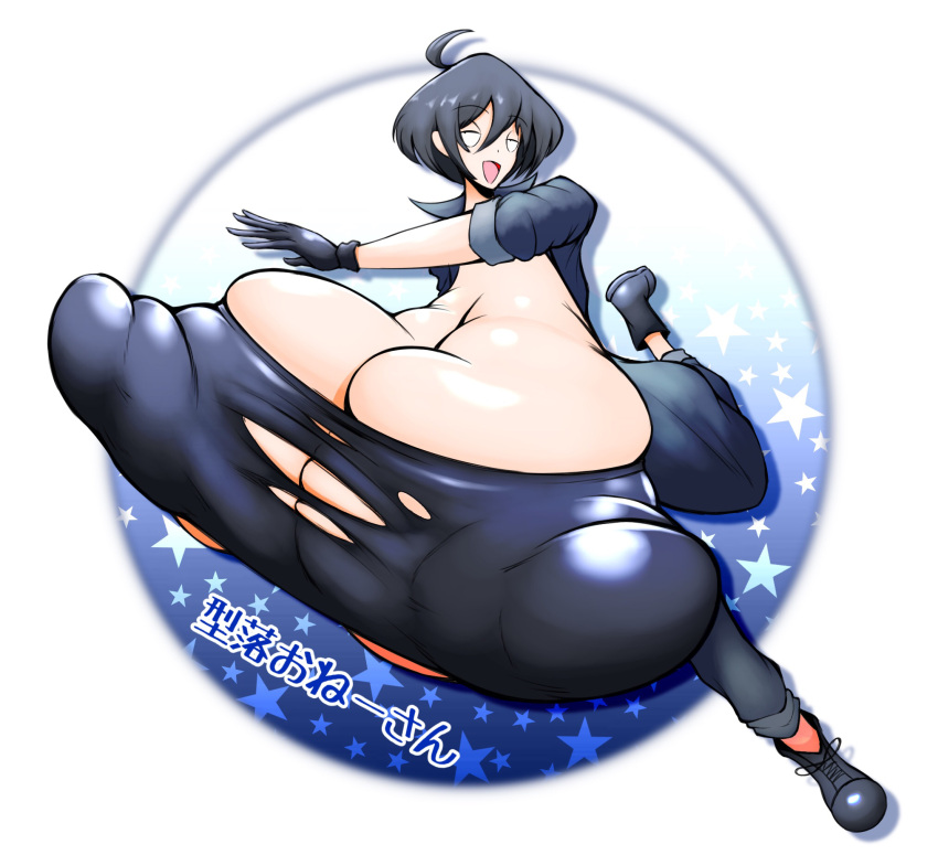 1girls 30th_video_rentals black_gloves black_hair breasts female gloves huge_breasts huge_nipples indie_virtual_youtuber jumpsuit kataochi_chuuko nipples virtual_youtuber