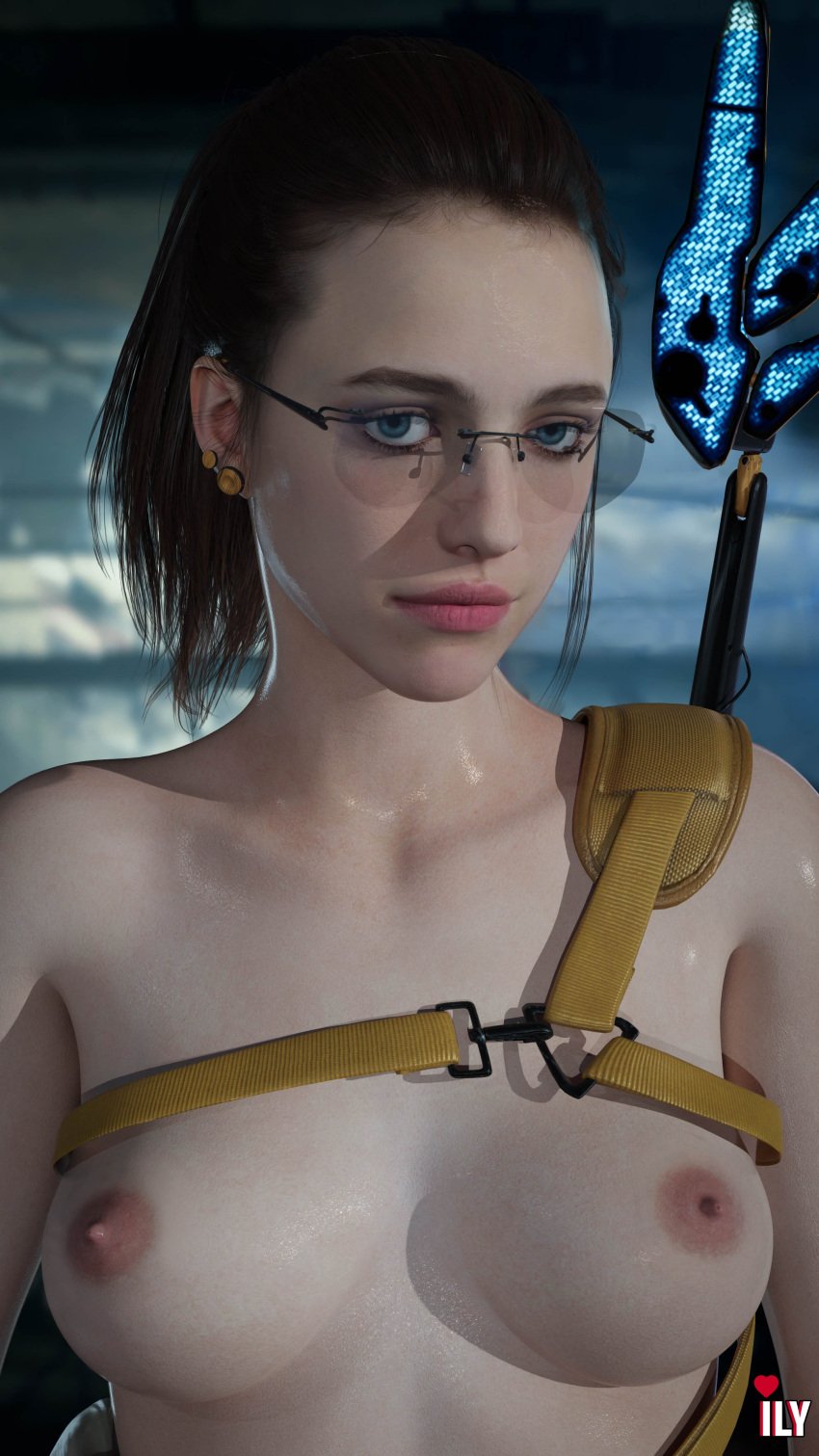 3d artist_request blue_eyes breasts brown_hair death_stranding glasses mama_(death_stranding) margaret_qualley tagme topless topless_female