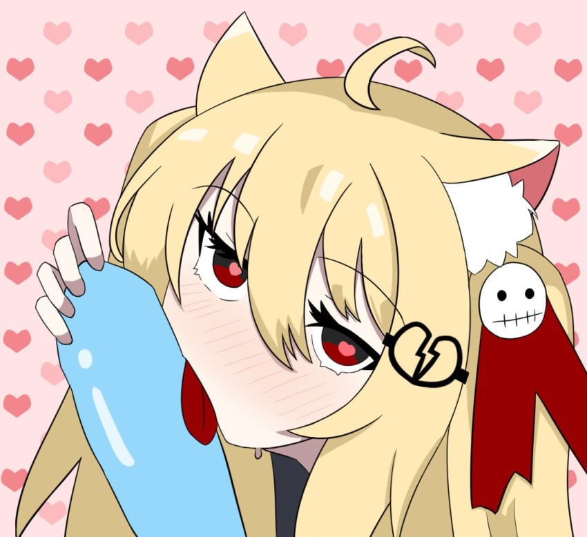 blonde_hair blue_penis cat_ears evil_neuro female heart-shaped_pupils heart_background indie_virtual_youtuber licking_penis lightspeed looking_at_viewer red_eyes virtual_youtuber