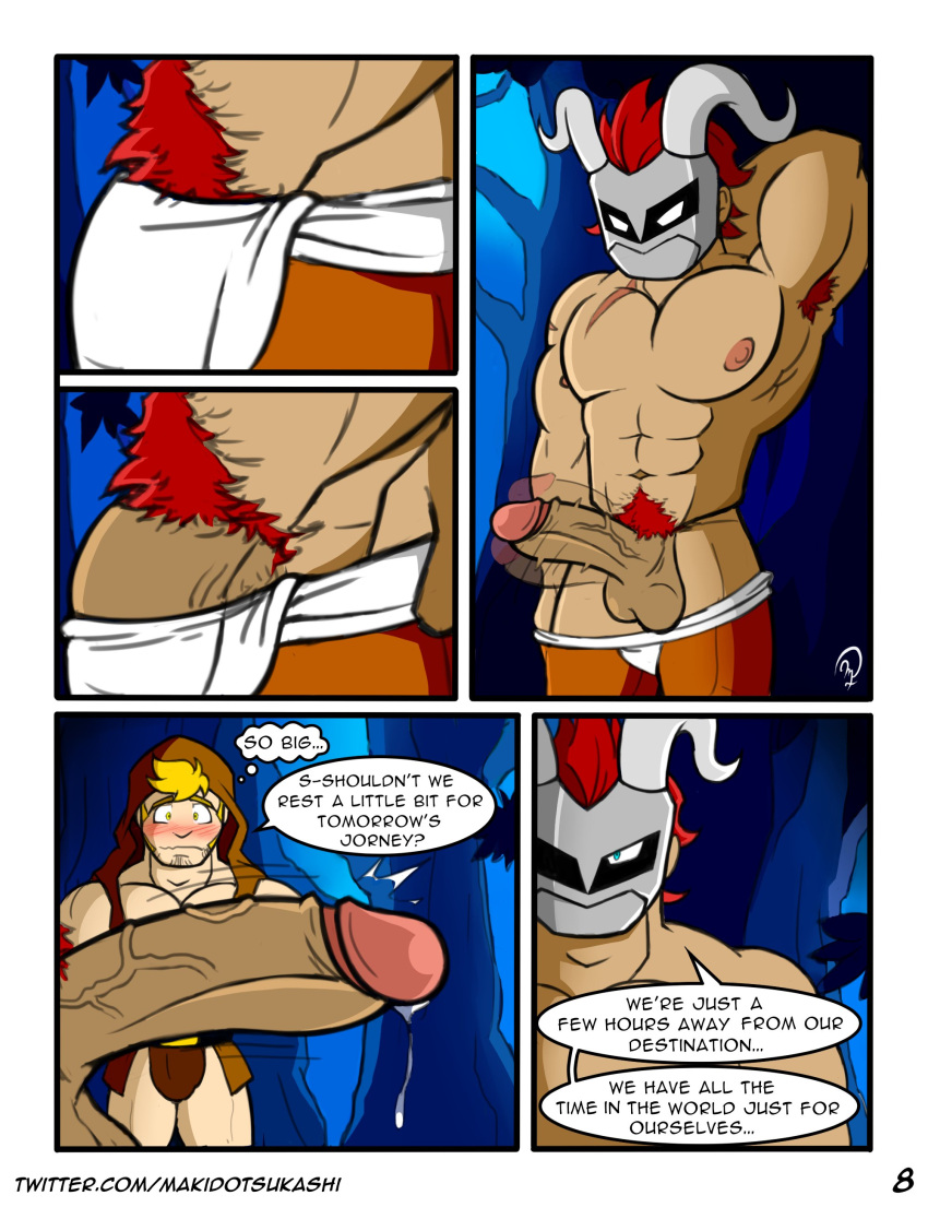 balls bara big_balls big_bulge big_penis blonde_hair blush bulge clothing comic english_text erection gay makidotsukashi male male/male male_nipples male_only mask masked masked_male muscular_male nipples penis precum precum_drip red_hair text