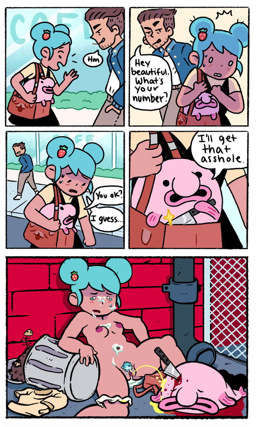 after_rape after_sex blobby_and_friends blobby_the_blobfish blue_hair breasts comic crying edit implied_rape instant_loss knife peeing tears urine