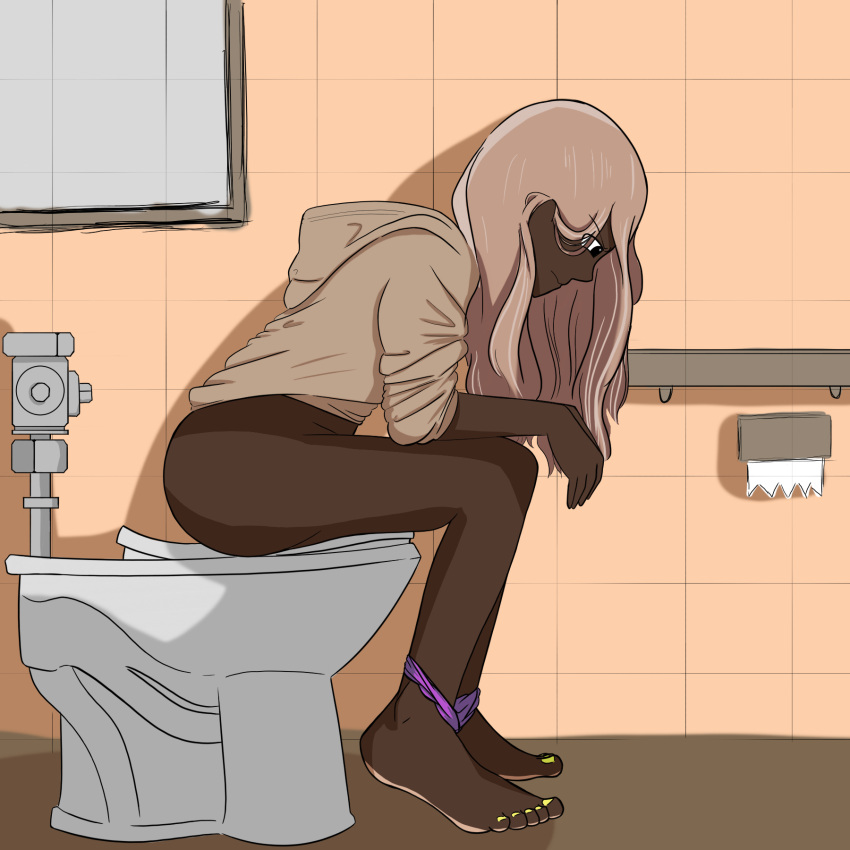 1girls anonymous_artist ass barefoot brown_eyes brown_hair dark_skin dark_skinned_female female female_only looking_down panties panties_down purple_panties school straining tiptoes toilet toilet_paper toilet_use window yellow_nails