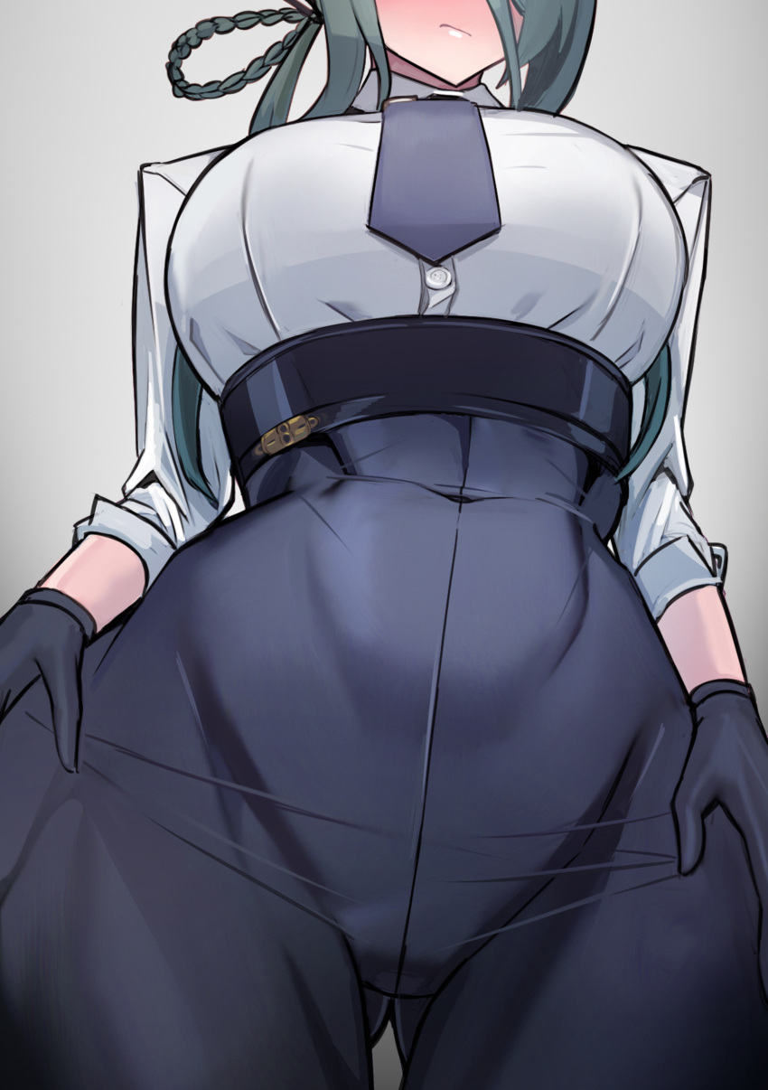 absurdres ass_visible_through_thighs black_gloves black_necktie black_pants blue_archive blush breasts close-up female ghgnvm gloves green_hair groin hair_rings head_out_of_frame high-waist_pants highres large_breasts mina_(blue_archive) necktie pants shirt simple_background solo thigh_gap white_shirt wide_hips