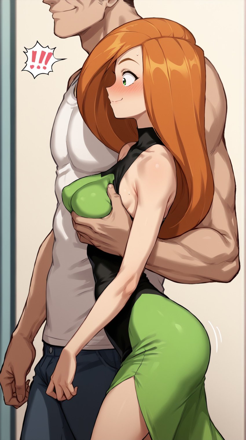 1boy 1girls ai_generated arched_back ass blush breast_grab breasts cheating cheating_girlfriend dark-skinned_male disney dress exclamation_point face_out_of_frame faceless_male female from_side green_eyes kim_possible kimberly_ann_possible long_hair male netorare notreallyhere orange_hair perky_breasts profile smile speech_bubble thigh_slit walking