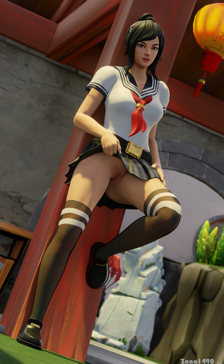 3d black_hair blender exhibitionism female flashing flashing_pussy fortnite fortnite:_battle_royale no_panties public pussy showing_pussy standing tsuki_(fortnite) upskirt zaaa1490