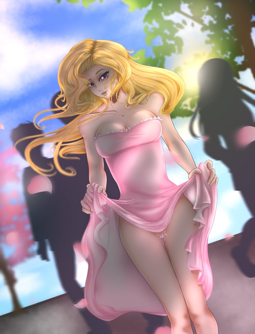 1girls blonde_hair breasts cleavage clothed clothing clothing_lift curvy detailed_background dress dress_lift exhibitionism female flashing hair human large_breasts light_skin long_hair looking_at_viewer mammal no_panties pink_eyes public pussy pussy_juice sigoogle silhouette skirt skirt_lift tree virgin