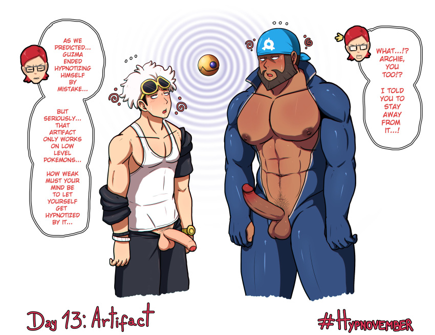 archie_(pokemon) balls bara beard blush bodysuit boner erection facial_hair guzma_(pokemon) headkerchief hypno_neet hypnosis male male_only maxie_(pokemon) mind_control muscles muscular nintendo penis penis_out pokemon speech_bubble team_aqua team_skull