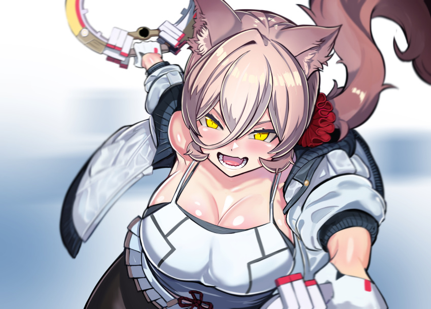 absurdres animal_ears breasts brown_hair camisole cat_ears chakram cosplay dual_wielding female ghgnvm gloves highres holding jacket large_breasts long_hair low_ponytail mio_(xenoblade) mio_(xenoblade)_(cosplay) nijisanji nui_sociere scrunchie slit_pupils virtual_youtuber weapon white_camisole white_gloves white_jacket xenoblade_chronicles_(series) xenoblade_chronicles_3 yellow_eyes